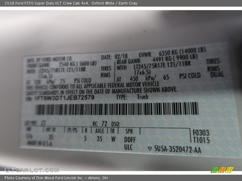 Oxford White / Earth Gray 2018 Ford F350 Super Duty XLT Crew Cab 4x4