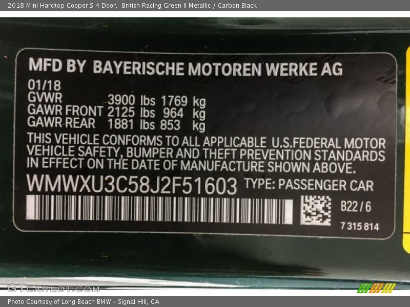 2018 Hardtop Cooper S 4 Door British Racing Green II Metallic Color Code B22