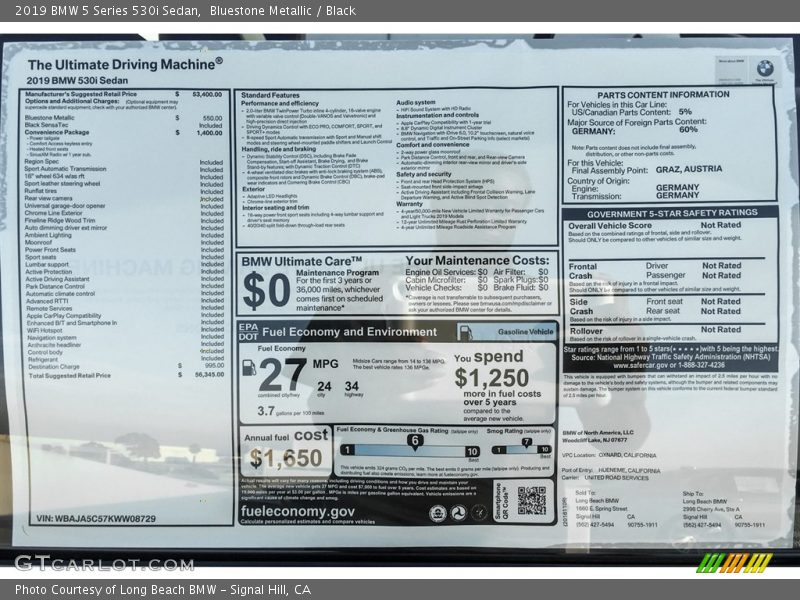  2019 5 Series 530i Sedan Window Sticker