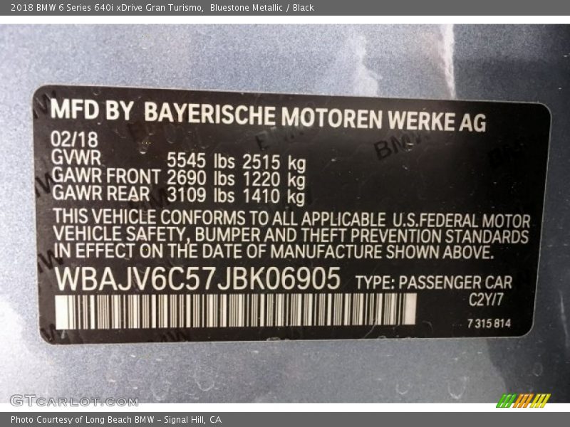 2018 6 Series 640i xDrive Gran Turismo Bluestone Metallic Color Code CY2