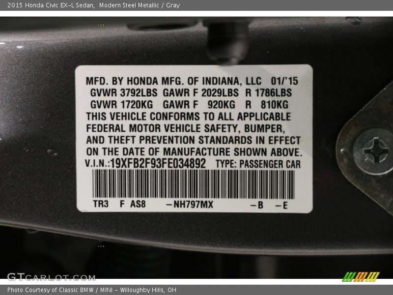 Modern Steel Metallic / Gray 2015 Honda Civic EX-L Sedan