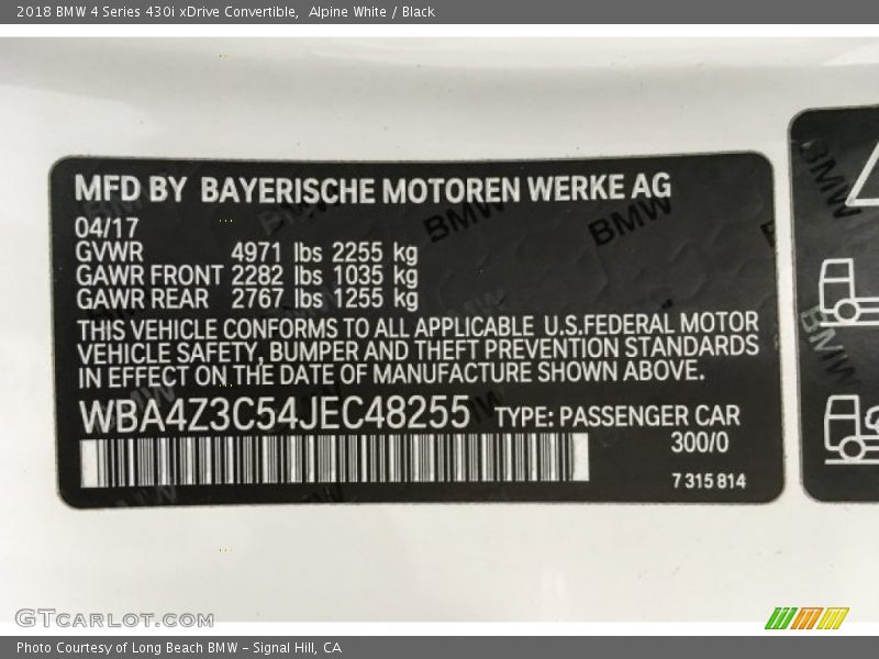 2018 4 Series 430i xDrive Convertible Alpine White Color Code 300