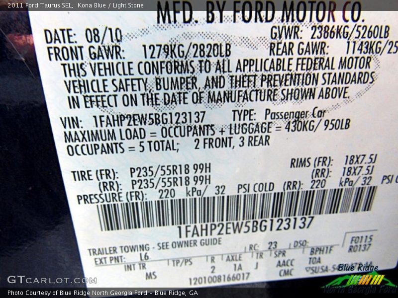 Kona Blue / Light Stone 2011 Ford Taurus SEL