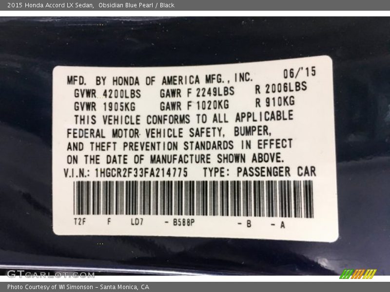 Obsidian Blue Pearl / Black 2015 Honda Accord LX Sedan