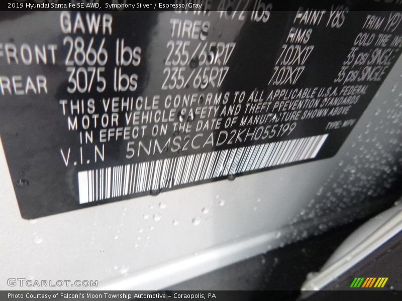 Symphony Silver / Espresso/Gray 2019 Hyundai Santa Fe SE AWD