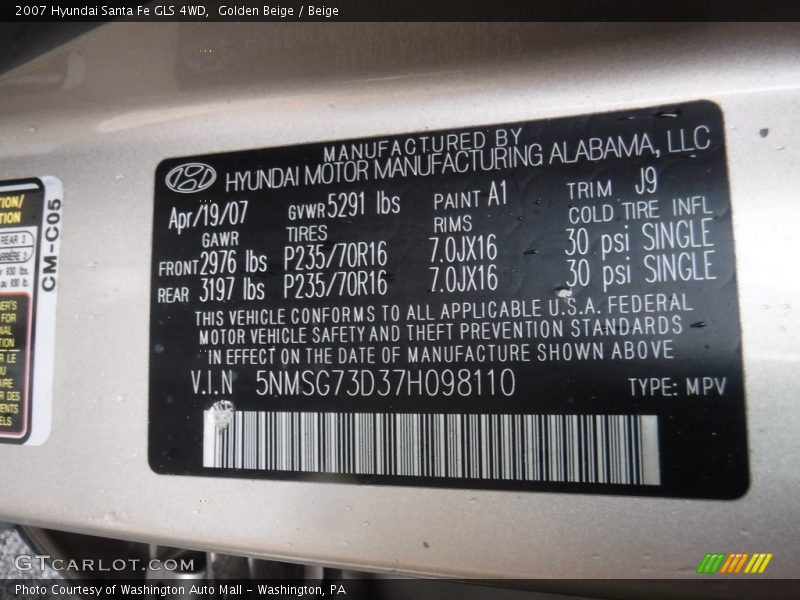 Golden Beige / Beige 2007 Hyundai Santa Fe GLS 4WD