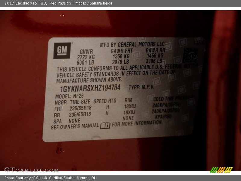 Red Passion Tintcoat / Sahara Beige 2017 Cadillac XT5 FWD