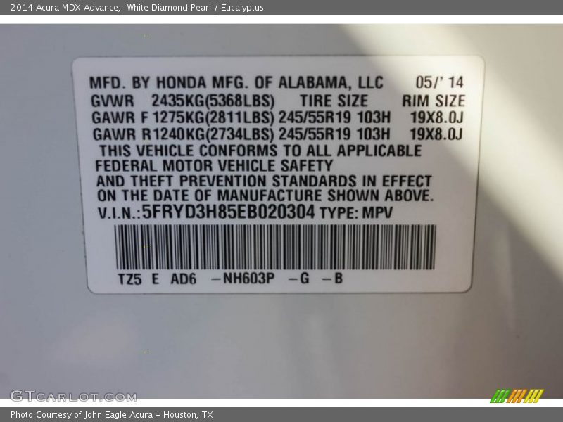 White Diamond Pearl / Eucalyptus 2014 Acura MDX Advance