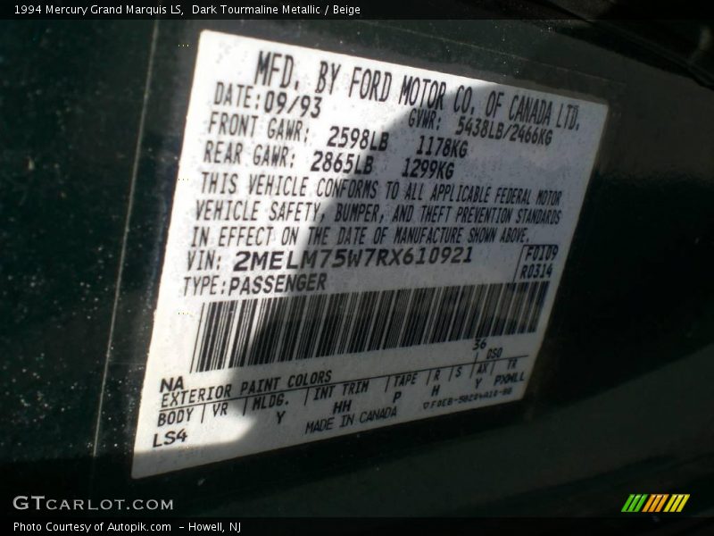 Dark Tourmaline Metallic / Beige 1994 Mercury Grand Marquis LS