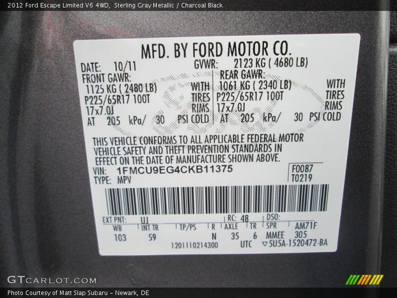 Sterling Gray Metallic / Charcoal Black 2012 Ford Escape Limited V6 4WD