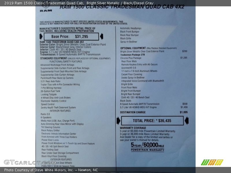  2019 1500 Classic Tradesman Quad Cab Window Sticker