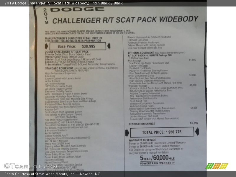  2019 Challenger R/T Scat Pack Widebody Window Sticker