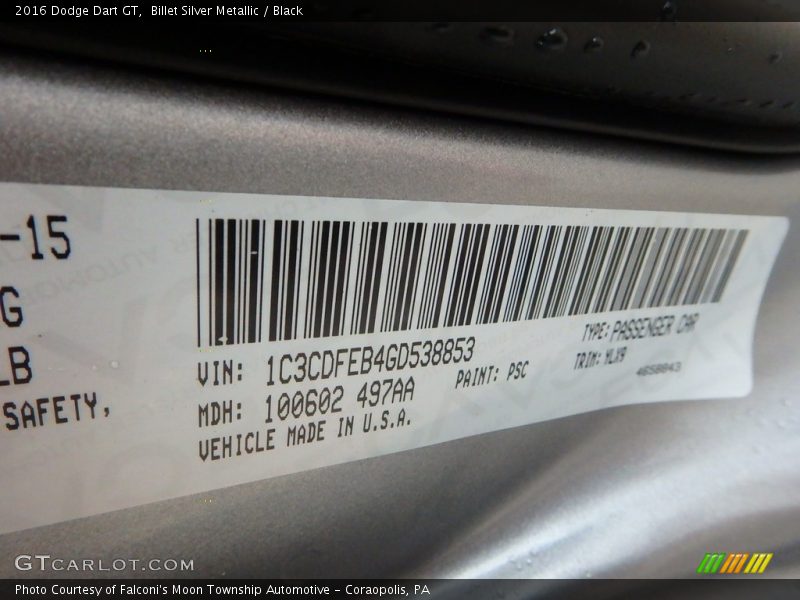 Billet Silver Metallic / Black 2016 Dodge Dart GT