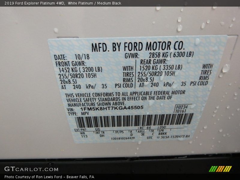 2019 Explorer Platinum 4WD White Platinum Color Code UG
