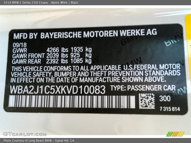 2019 2 Series 230i Coupe Alpine White Color Code 300