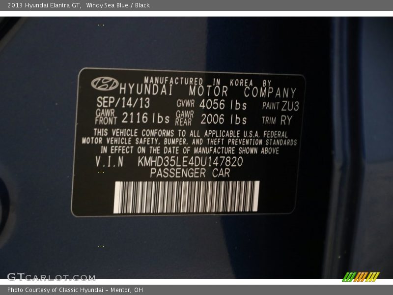 Windy Sea Blue / Black 2013 Hyundai Elantra GT