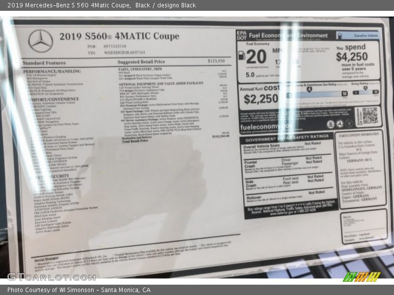  2019 S 560 4Matic Coupe Window Sticker