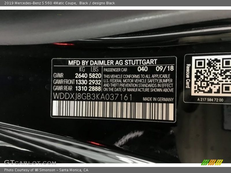 2019 S 560 4Matic Coupe Black Color Code 040