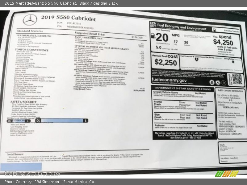  2019 S S 560 Cabriolet Window Sticker