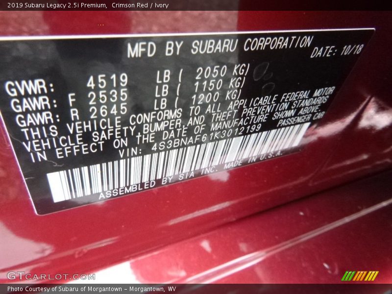 Crimson Red / Ivory 2019 Subaru Legacy 2.5i Premium