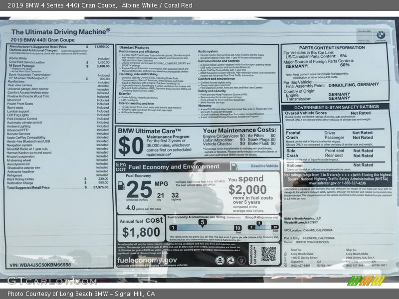 Alpine White / Coral Red 2019 BMW 4 Series 440i Gran Coupe