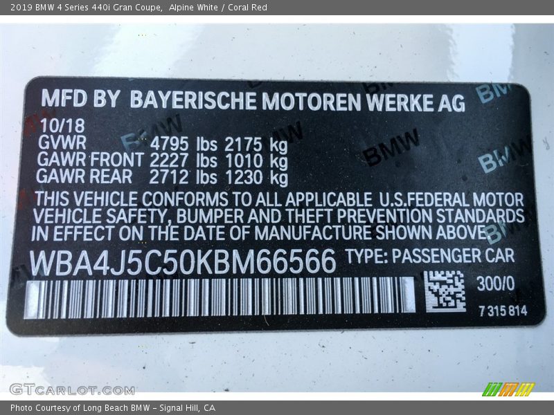 Alpine White / Coral Red 2019 BMW 4 Series 440i Gran Coupe