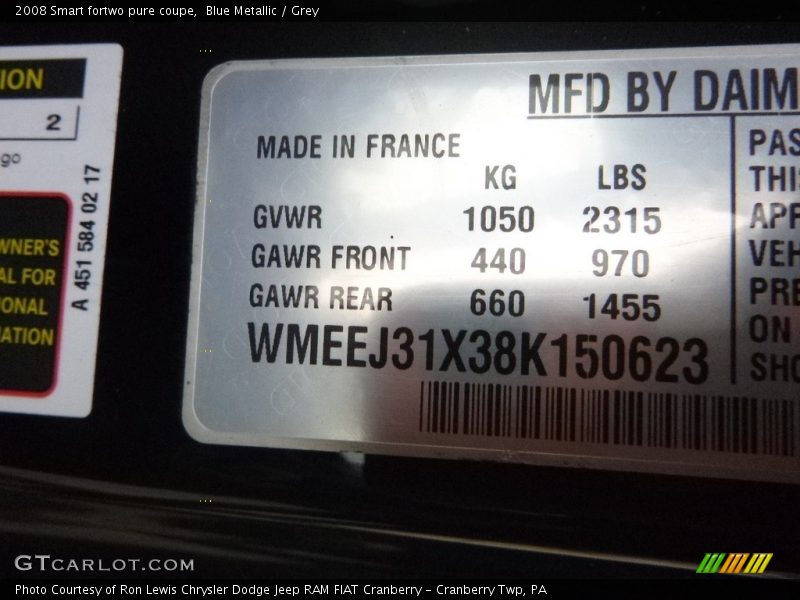 Blue Metallic / Grey 2008 Smart fortwo pure coupe