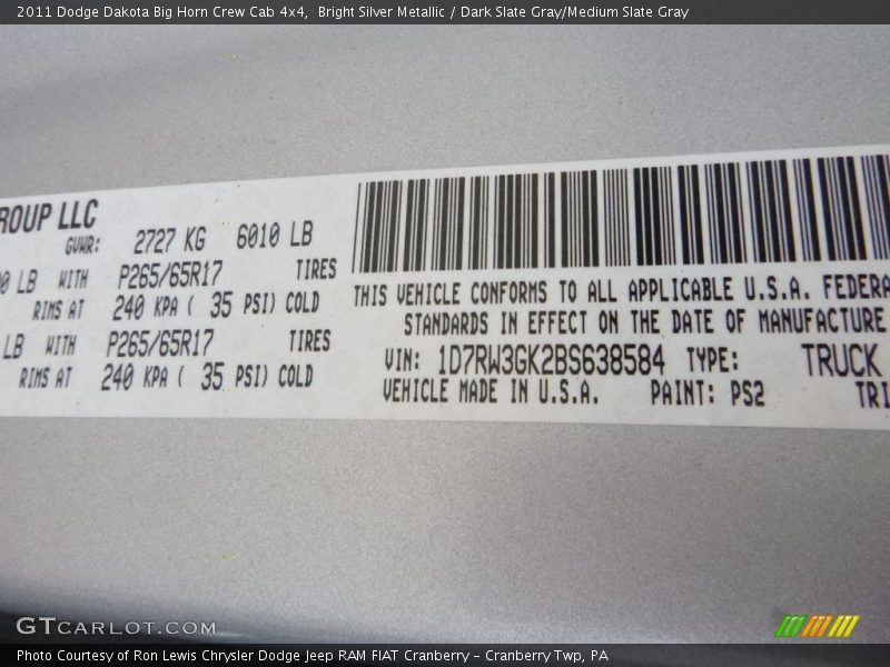 Bright Silver Metallic / Dark Slate Gray/Medium Slate Gray 2011 Dodge Dakota Big Horn Crew Cab 4x4