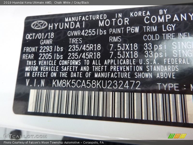 Chalk White / Gray/Black 2019 Hyundai Kona Ultimate AWD