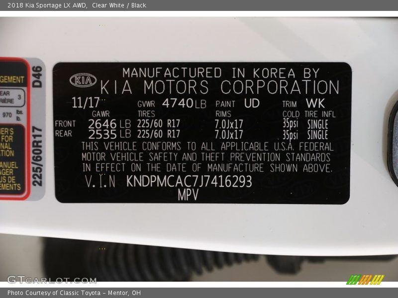 Clear White / Black 2018 Kia Sportage LX AWD