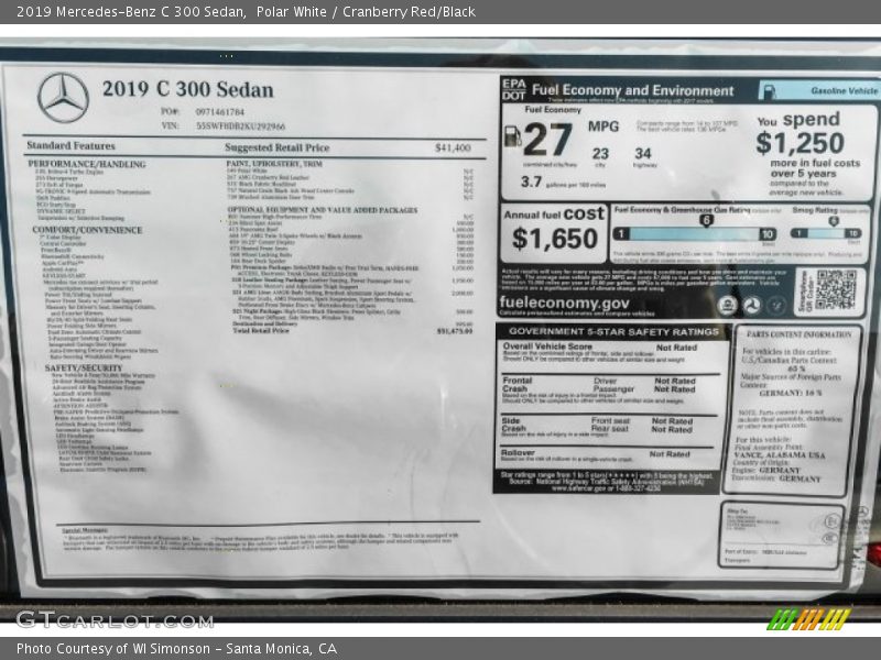 Polar White / Cranberry Red/Black 2019 Mercedes-Benz C 300 Sedan