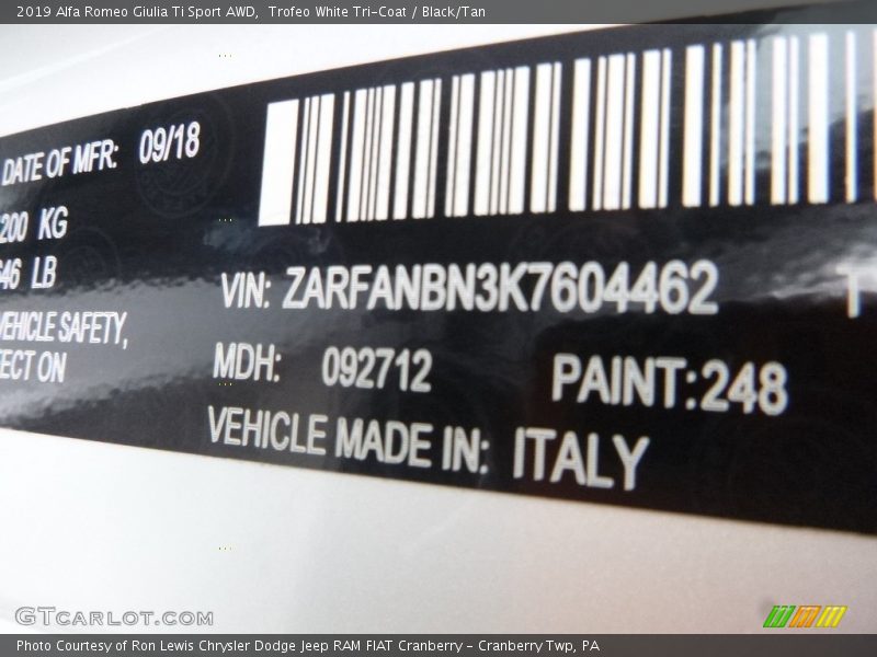 2019 Giulia Ti Sport AWD Trofeo White Tri-Coat Color Code 248