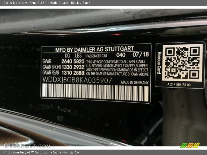 2019 S 560 4Matic Coupe Black Color Code 040