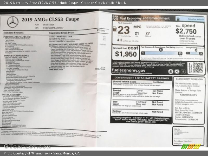  2019 CLS AMG 53 4Matic Coupe Window Sticker