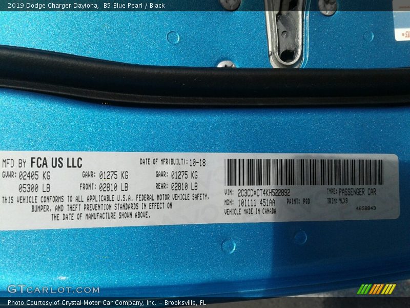 B5 Blue Pearl / Black 2019 Dodge Charger Daytona