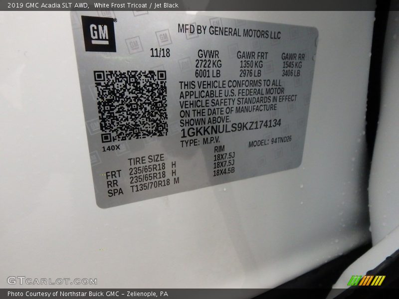 White Frost Tricoat / Jet Black 2019 GMC Acadia SLT AWD