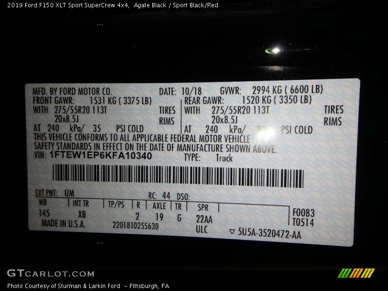 2019 F150 XLT Sport SuperCrew 4x4 Agate Black Color Code UM