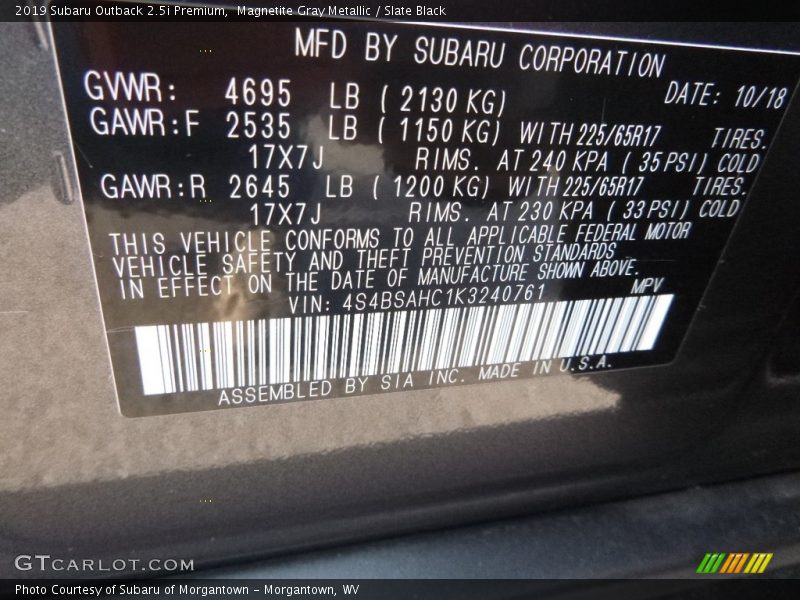 Magnetite Gray Metallic / Slate Black 2019 Subaru Outback 2.5i Premium