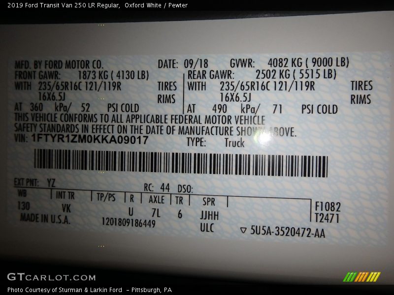 2019 Transit Van 250 LR Regular Oxford White Color Code YZ