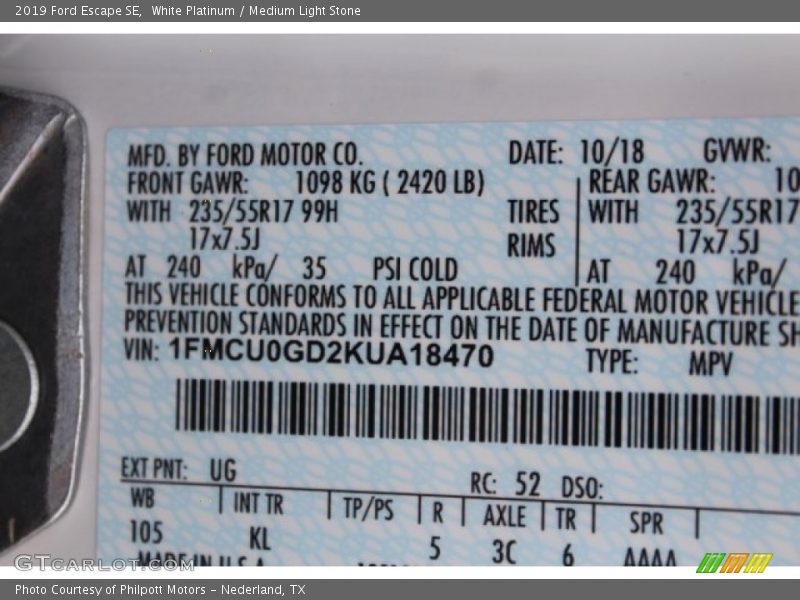 White Platinum / Medium Light Stone 2019 Ford Escape SE