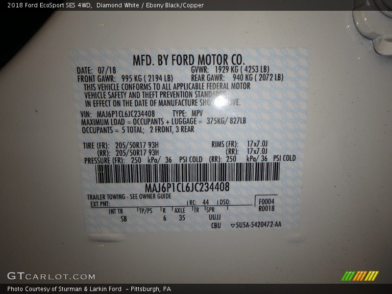Diamond White / Ebony Black/Copper 2018 Ford EcoSport SES 4WD