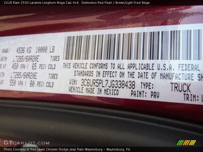 2018 2500 Laramie Longhorn Mega Cab 4x4 Delmonico Red Pearl Color Code PRV