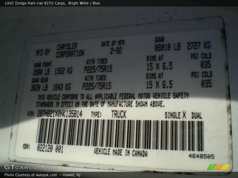 Bright White / Blue 1992 Dodge Ram Van B250 Cargo