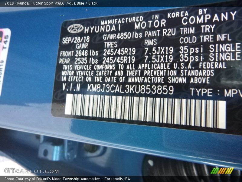 2019 Tucson Sport AWD Aqua Blue Color Code R2U