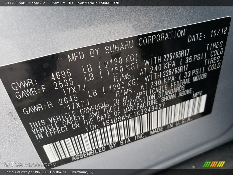 Ice Silver Metallic / Slate Black 2019 Subaru Outback 2.5i Premium