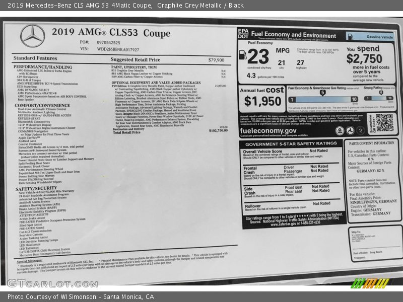  2019 CLS AMG 53 4Matic Coupe Window Sticker