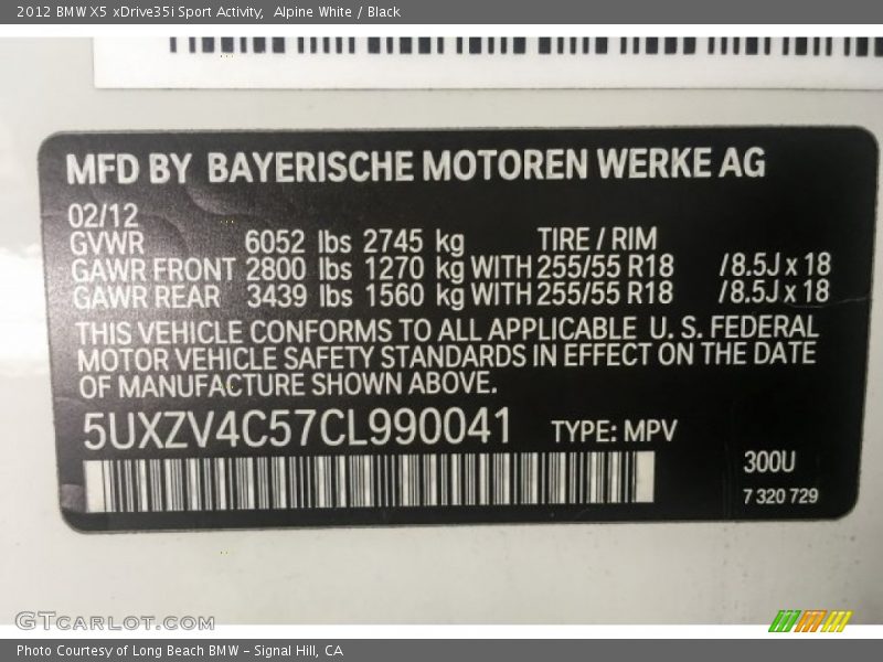 Alpine White / Black 2012 BMW X5 xDrive35i Sport Activity