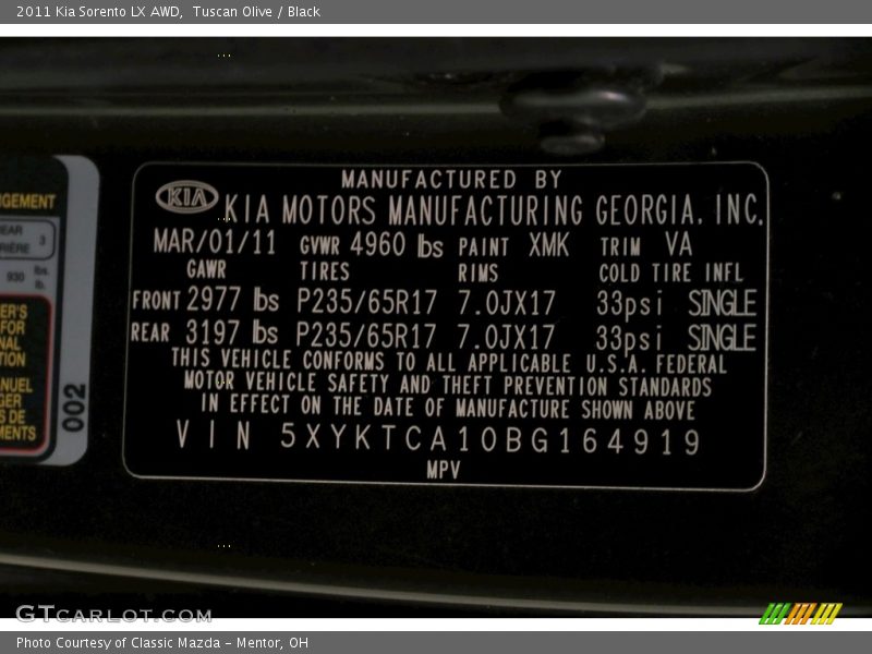 Tuscan Olive / Black 2011 Kia Sorento LX AWD