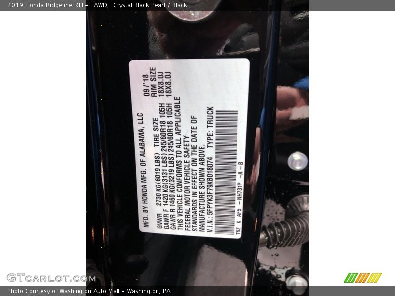 Crystal Black Pearl / Black 2019 Honda Ridgeline RTL-E AWD