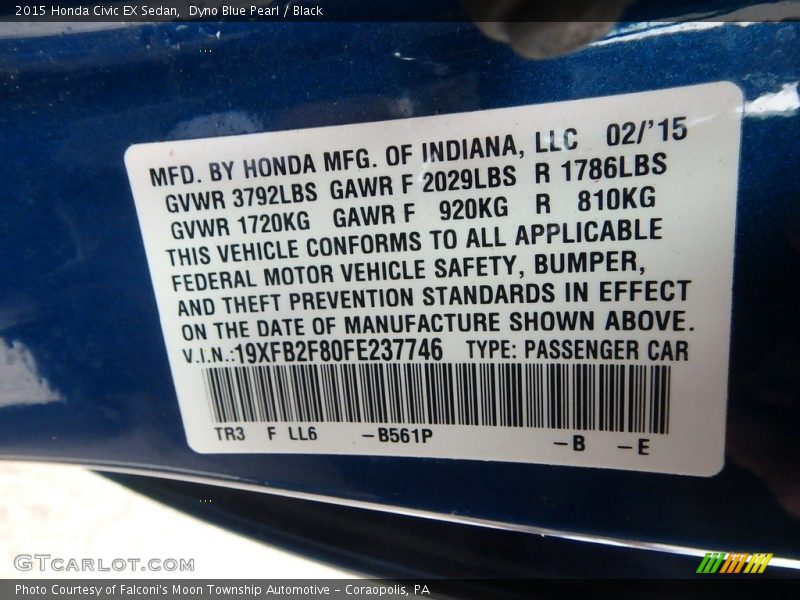 Dyno Blue Pearl / Black 2015 Honda Civic EX Sedan